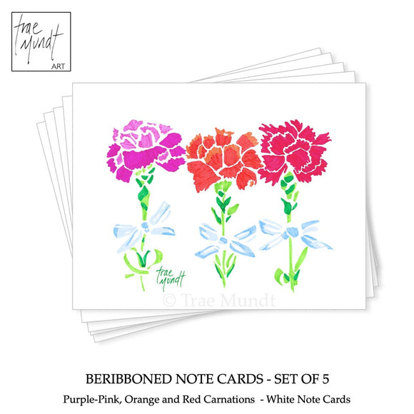 Beribboned - Purple-Pink, Orange and Red Carnations Note Cards - Set of 5 by Trae Mundt.