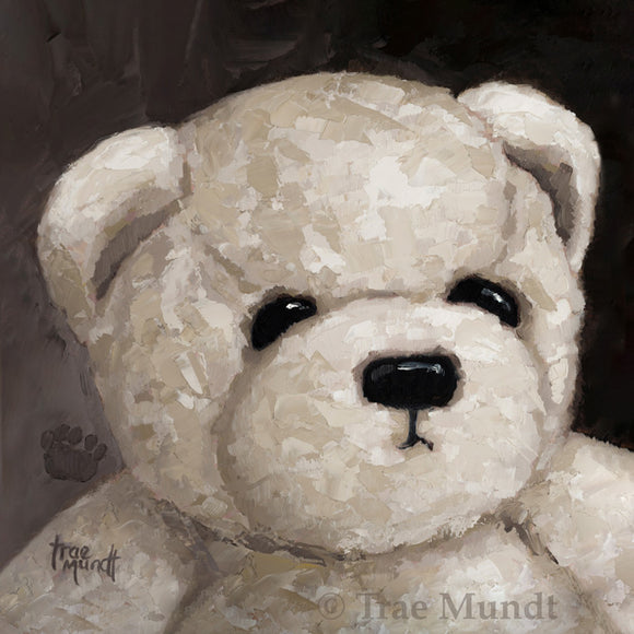 Bernard by artist Trae Mundt. Bearie Blvd Bears ® oil painting. Portrait of pale brown and white bear.