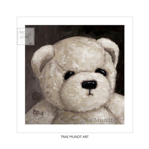 Bernard by Trae Mundt. Bearie Blvd Bears ® oil painting. Portrait of taupe and brown and white bear.