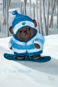 Biff - Dark Brown Bear Wearing Striped Cyan Blue Snow Jacket and Bibs Pom Hat and Black Snowboard Boots Snowboarding in Beautiful Winter Scene - Fine Art Print - Bearie Blvd. Bears® by Trae Mundt.