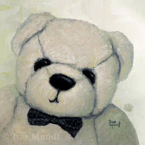 Bingo by artist Trae Mundt. Bearie Blvd. Bears®. Close-up of Portrait of taupe bear wearing a polka dot black bow tie.