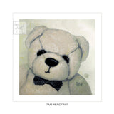 Bingo by artist Trae Mundt. Bearie Blvd. Bears®. Portrait of taupe bear wearing a polka dot black bow tie.
