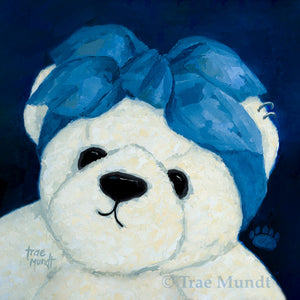 Art print of Bluebell by artist Trae Mundt. Portrait of white and cream colored bear wearing a big blue bow on her head. Bearie Blvd. Bears®.