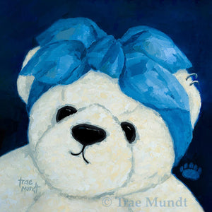 Bluebell - Cream Bear wearing Big Blue Bow on her head - Bearie Blvd. Bears® by Trae Mundt.