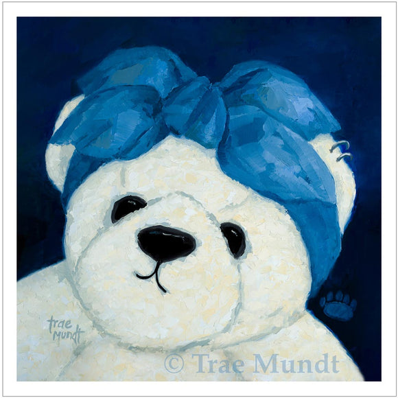Art print of Bluebell by artist Trae Mundt. Portrait of white and cream colored bear wearing a big blue bow on her head. Bearie Blvd. Bears®.