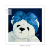 Bluebell art print by artist Trae Mundt. Portrait of white and cream colored bear wearing a big blue bow on her head. Bearie Blvd. Bears®.