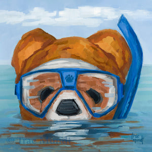 Bradley oil painting by artist Trae Mundt. Portrait of red yellow brown bear wearing blue snorkel and blue mask swimming in water up to his mask. Bradley has a white nose. The water is painted with shades of blue. The sky has a few white willowy clouds.