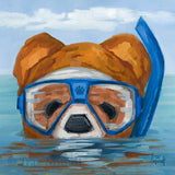 Art print of Bradley oil painting by artist Trae Mundt. Portrait of red yellow brown bear wearing blue snorkel and blue mask swimming in water up to his mask. Bradley has a white nose. The water is painted with shades of blue. The sky has a few white willowy clouds.