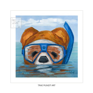 Art print of Bradley oil painting by artist Trae Mundt. Portrait of red yellow brown bear wearing blue snorkel and blue mask swimming in water up to his mask. Bradley has a white nose. The water is painted with shades of blue. The sky has a few white willowy clouds.