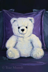 Bruno - White Bear Sitting on Satin Purple Comforter leaning against Purple and Gray Satin Pillows - Fine Art Print - Bearie Blvd. Bears® by Trae Mundt.