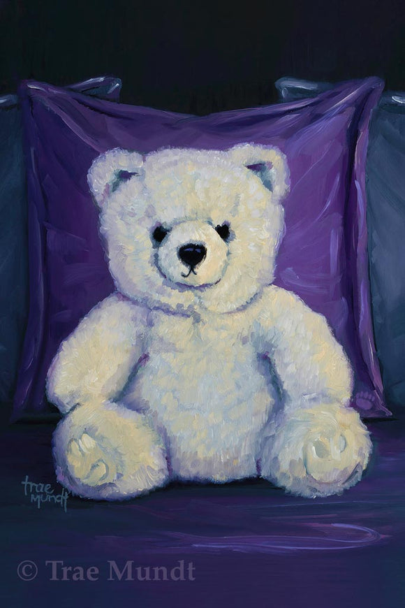 Bruno - White Bear Sitting on Satin Purple Comforter leaning against Purple and Gray Satin Pillows - Bearie Blvd. Bears® by Trae Mundt.