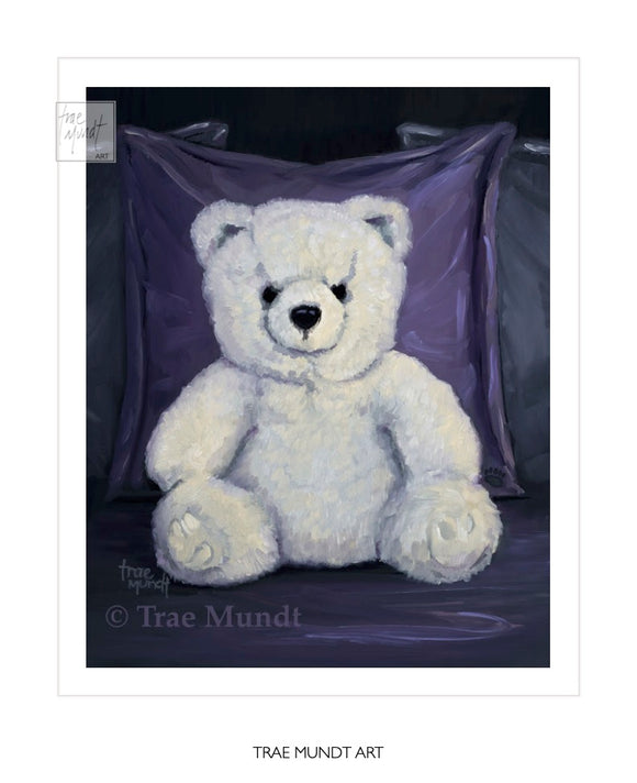 Bruno, bear art print by Trae Mundt. Bearie Blvd. Bears ™ collection. Big white bear sitting on purple and gray satin comforter.
