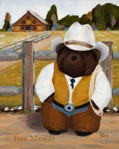 Buck, Bear Art Print by Trae Mundt. Bearie Blvd. Bears™ collection. Brown bear wearing cowboy chaps and suede vest and haas cowboy hat standing in front of his ranch.