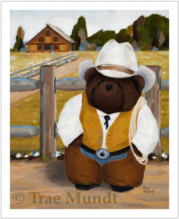 Buck, Teddy Bear Art Print by Trae Mundt. Bearie Blvd. Bears™ collection. Brown teddy bear wearing cowboy chaps and suede vest and haas cowboy hat standing in front of his ranch.