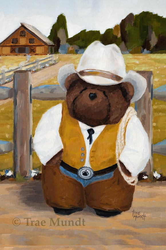 Buck - Brown Bear Wearing Cowboy Chaps, Suede Vest, and Hoss Cowboy Hat Standing in front of his Ranch - Fine Art Print - Bearie Blvd. Bears®