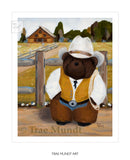 Buck, Teddy Bear Art Print by Trae Mundt. Bearie Blvd. Bears™ collection. Brown teddy bear wearing cowboy chaps and suede vest and haas cowboy hat standing in front of his ranch.