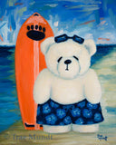 Buddy, Teddy Bear Art Print by Trae Mundt. Bearie Blvd. Bears™ collection. White bear at the beach wearing blue flowered hawaiian swim trunk and sunglasses standing near his orange surf board near ocean's edge.