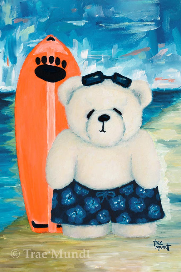 Buddy - White Bear at Beach with his Orange Surfboard wearing Blue Hawaiian Hibiscus Swim Trunks - Bearie Blvd. Bears® by Trae Mundt.