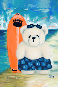 Buddy - White Bear at Beach with his Orange Surfboard wearing Blue Hawaiian Hibiscus Swim Trunks - Bearie Blvd. Bears® by Trae Mundt.