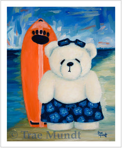 Buddy, Bear Art Print by Trae Mundt. Bearie Blvd. Bears™ collection. White bear at the beach wearing blue flowered hawaiian swim trunk and sunglasses standing near his orange surf board near ocean's edge.