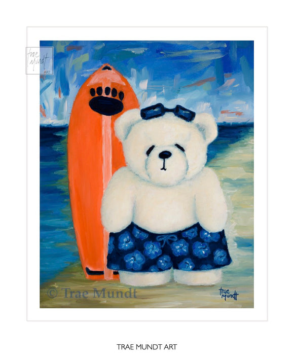 Buddy, Teddy Bear Art Print by Trae Mundt. Bearie Blvd. Bears™ collection. White bear at the beach wearing blue flowered hawaiian swim trunk and sunglasses standing near his orange surf board near ocean's edge.
