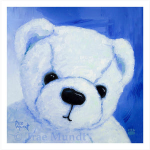 Buster by artist Trae Mundt. Bearie Blvd Bears® oil painting portrait of white bear with blue background.