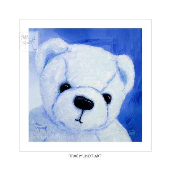 Buster art print by artist Trae Mundt. Bearie Blvd Bears® oil painting portrait of white bear with blue background.