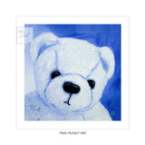 Buster art print by artist Trae Mundt. Bearie Blvd Bears® oil painting portrait of white bear with blue background.