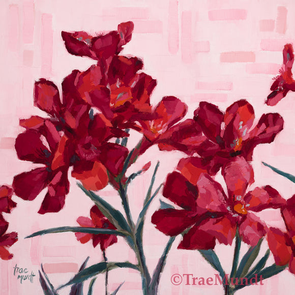 Cerise oil painting by artist Trae Mundt. Rich red oleander flowers with thin gray green stems with background of geometric shapes in shades of pink. 