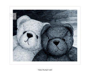 Art Print of Charley & Harley by artist Trae Mundt. Black and White bears portrait with white and black background. They are best friends forever. Bearie Blvd. Bears®.