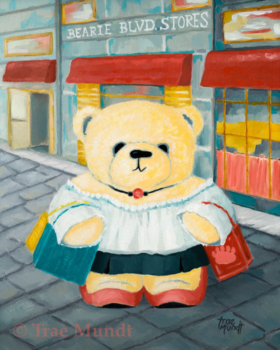 Charlotte by artist Trae Mundt. Bearie Blvd Bears ® oil painting. Golden bear wearing white peasant top carrying shopping bags walking on cobblestone path in front of strip mall named Bearie Blvd. Stores.