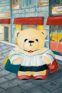 Charlotte - Golden Yellow Bear Wearing White Peasant Top and Dark Green Mini Skirt Carrying Shopping Bags Walking on Cobblestone Path in Front of Outdoor Stores - Bearie Blvd. Bears® by Trae Mundt.