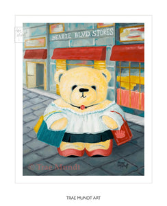 Art print of Charlotte by artist Trae Mundt. Bearie Blvd Bears ® oil painting. Golden yellow bear wearing white peasant top carrying shopping bags walking on cobblestone path in front of strip mall named Bearie Blvd. Stores.