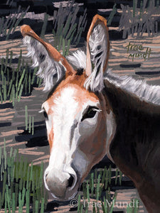 Churro - Wild Burro in the Desert with Background of Green and Gray Grasses Oil Painting 5x7 inches on Panel with Black Floater Frame by Trae Mundt.
