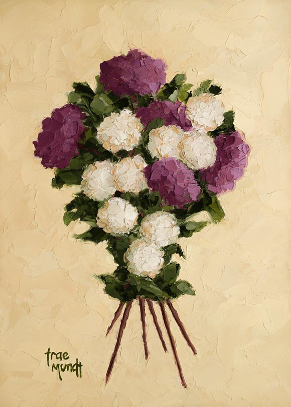Crisscross oil painting by artist Trae Mundt. White and purple magenta ball flowers arranged to have stems crisscross. Yellow beige background
