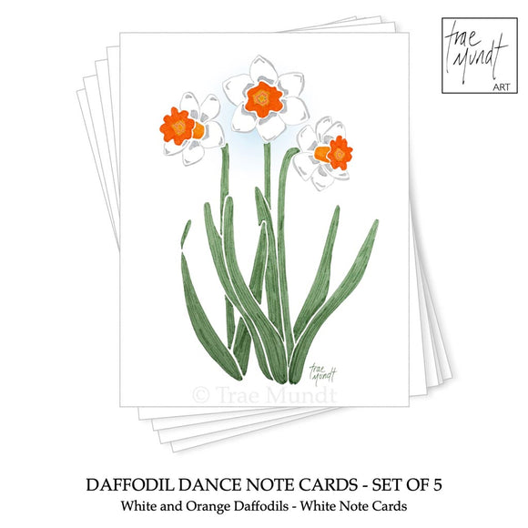 Daffodil Dance - Orange and White Daffodils Note Cards - Set of 5 by Trae Mundt.