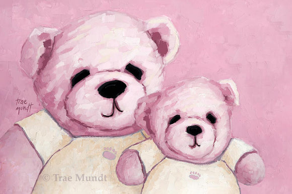 Dahlia and Rose - Pink Bears Wearing Matching Warm Cream T-Shirts - Bearie Blvd. Bears® Fine Art Print by Trae Mundt.