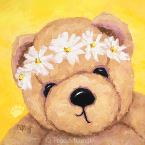 Daisy - Light Brown Bear Wearing White Daisies Headband with Yellow Background - Fine Art Print - Bearie Blvd. Bears® by Trae Mundt.