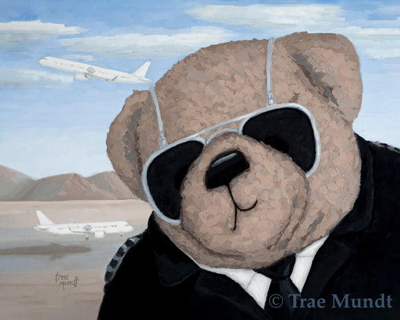 Art print of Dallas Oil Painting by Artist Trae Mundt. Bearie Blvd. Bears®. Light cocoa bear wearing silver rimmed sunglasses leaning over into view of airport where white commercial airplanes are taking off and landing. Bear is wearing black leather bomber jacket with four 4 stripes on epaulets. Blue skies with light white clouds in desert scene and runway for background.