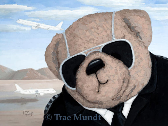 Art print of Dallas Oil Painting by Artist Trae Mundt. Bearie Blvd. Bears®. Light cocoa bear wearing silver rimmed sunglasses leaning over into view of airport where white commercial airplanes are taking off and landing. Bear is wearing black leather bomber jacket with four 4 stripes on epaulets. Blue skies with light white clouds in desert scene and runway for background.