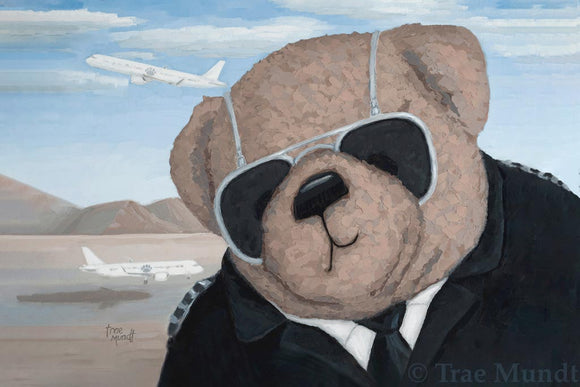 Art print of Dallas Oil Painting by Artist Trae Mundt. Bearie Blvd. Bears®. Light cocoa bear wearing silver rimmed sunglasses leaning over into view of airport where white commercial airplanes are taking off and landing. Bear is wearing black leather bomber jacket with four 4 stripes on epaulets. Blue skies with light white clouds in desert scene and runway for background.