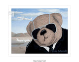 Art print of Dallas Oil Painting by Artist Trae Mundt. Bearie Blvd. Bears®. Light cocoa bear wearing silver rimmed aviator sunglasses leaning over into view of airport where white commercial airplanes are taking off and landing. Bear is wearing black leather bomber jacket with four 4 stripes on epaulets. Blue skies with light white clouds in desert scene and runway for background.