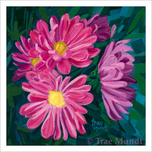 Dayzees - Pink and Purple Daisies with Rich Color Background of Cool Greens, Warm Greens, and Turquoise - Giclee Art Print by Trae Mundt.