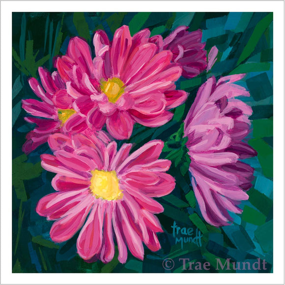Dayzees - Pink and Purple Daisies with Rich Color Background of Cool Greens, Warm Greens, and Turquoise - Giclee Art Print by Trae Mundt.