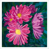 Dayzees - Pink and Purple Daisies with Rich Color Background of Cool Greens, Warm Greens, and Turquoise - Giclee Art Print by Trae Mundt.