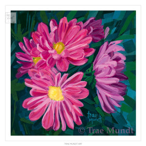 Dayzees - Purple and Purple Daisies with Rich Color Background of Cool Greens, Warm Greens, and Turquoise - Limited Edition Giclee Art Print by Trae Mundt.