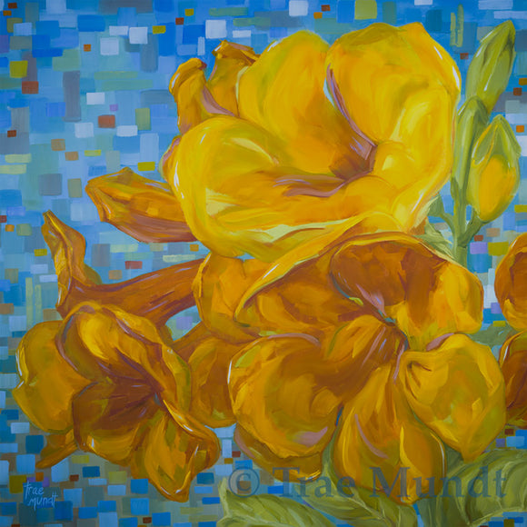 Desert Music by artist Trae Mundt. Oil painting of large trumpet flowers in yellow and gold. Background geometric shapes in complementary colors bues, greens, purples and reds. 