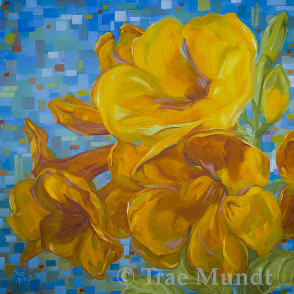 Desert Music by artist Trae Mundt. Oil painting of large trumpet flowers in yellow and gold. Background geometric shapes in complementary colors bues, greens, purples and reds.