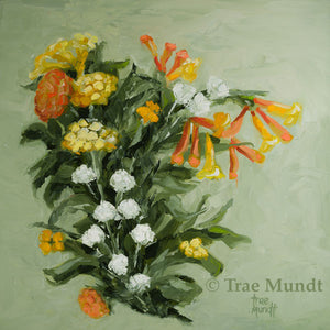 Desert Summer oil painting by artist Trae Mundt. Desert bouquet of flowers yellow, orange and white with textured sage green background. orange jubilee orange bells