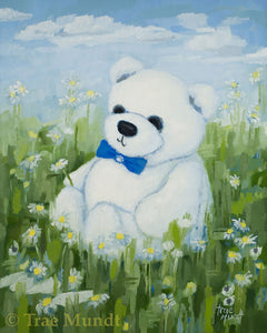 Dexter, Bear Art Print by Trae Mundt. Bearie Blvd. Bears™ collection. White bear wearing blue bow tie sitting in a field of daisies with blue skies and white clouds above.